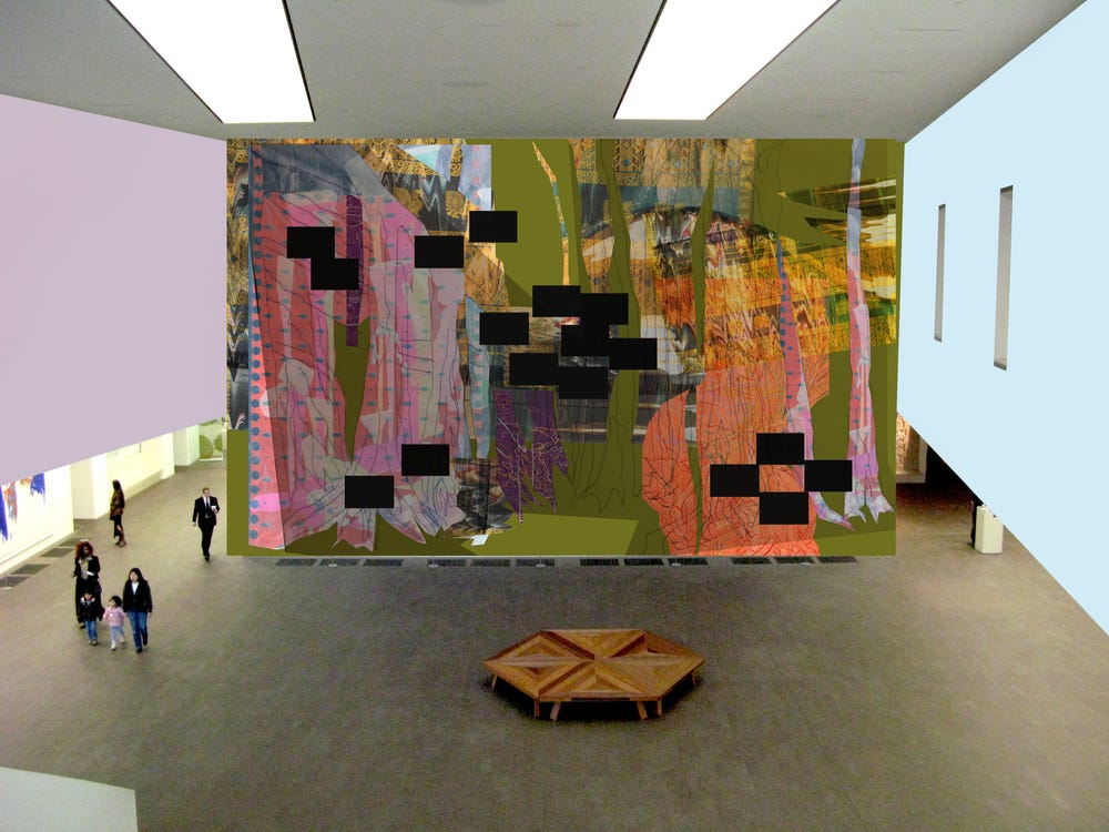 Rendering of green, pink, and orange art installation at the de Young museum.