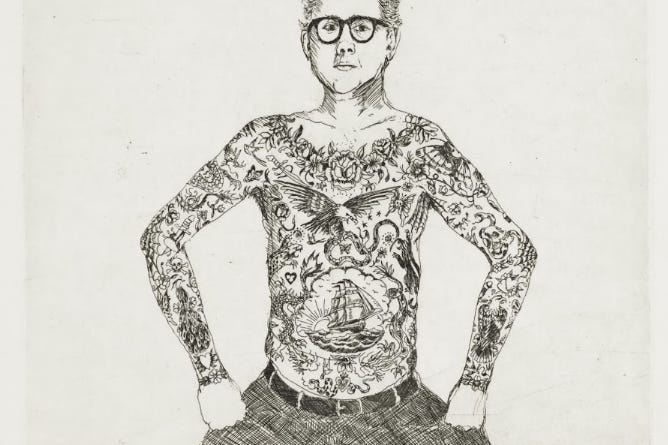 Drawing of a man with tattoos.