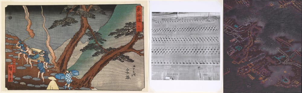 Japanese woodcut Utagawa Hiroshige, photograph Ed Ruscha, aquatint Yvonne Jacquette