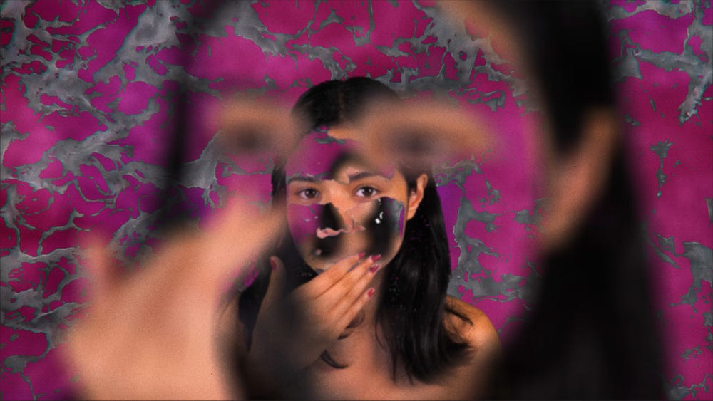 woman touching her face, repeated and interwoven with a fuchsia and gray background