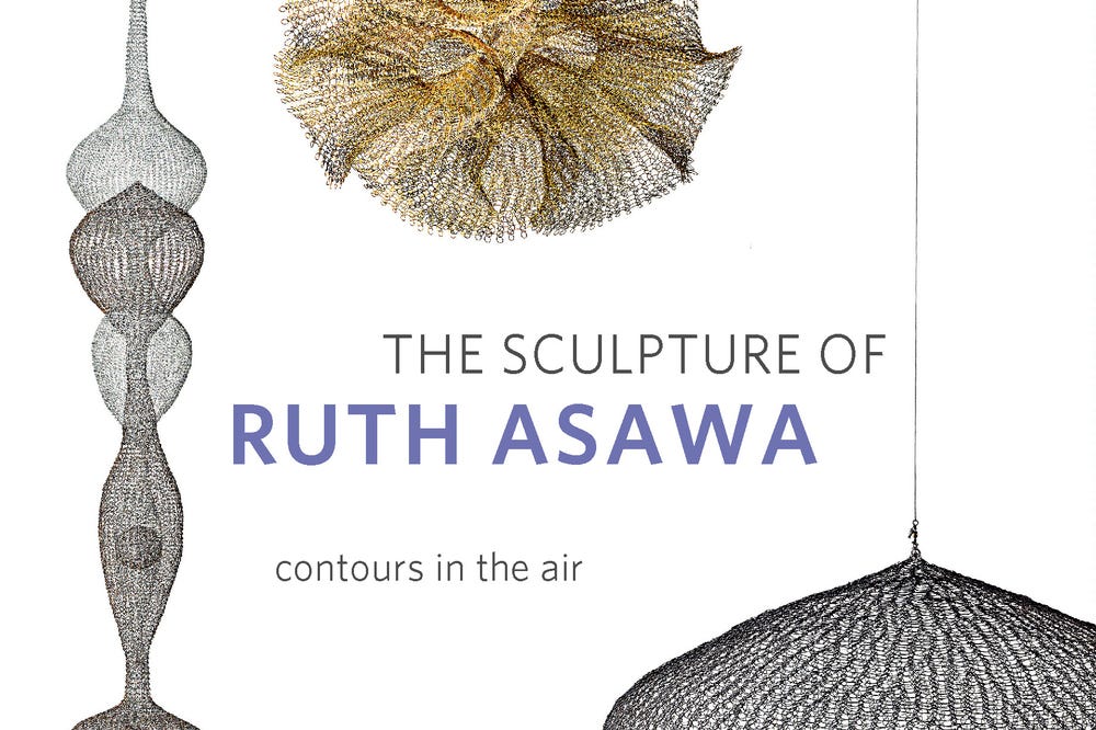 White poster featuring wire sculptures and text reading "The Sculpture of Ruth Asawa, contours in the air"