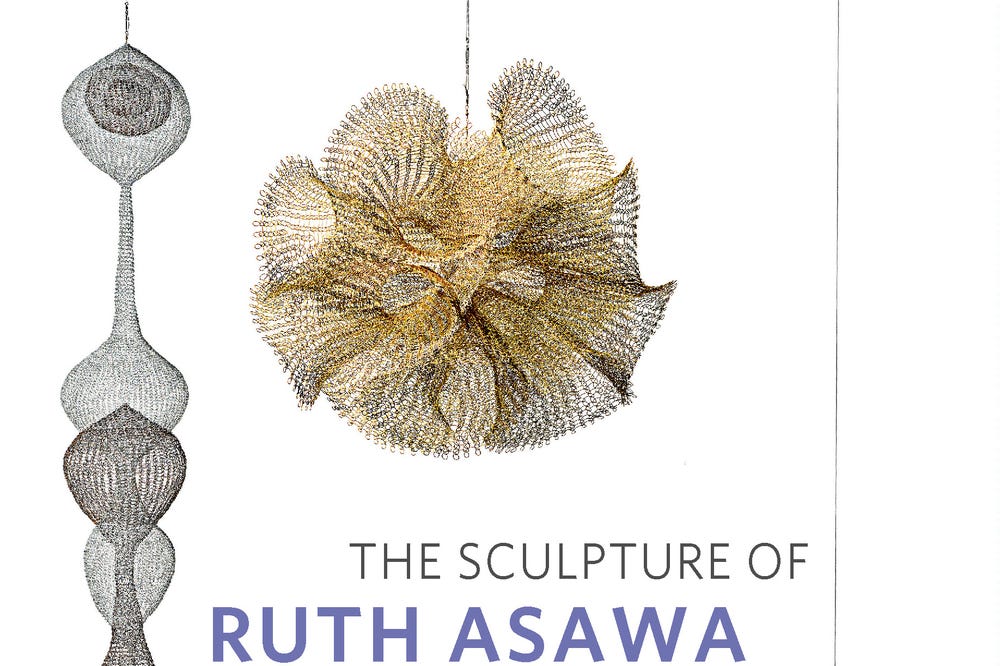 White poster featuring wire sculptures and text reading "The Sculpture of Ruth Asawa, contours in the air"