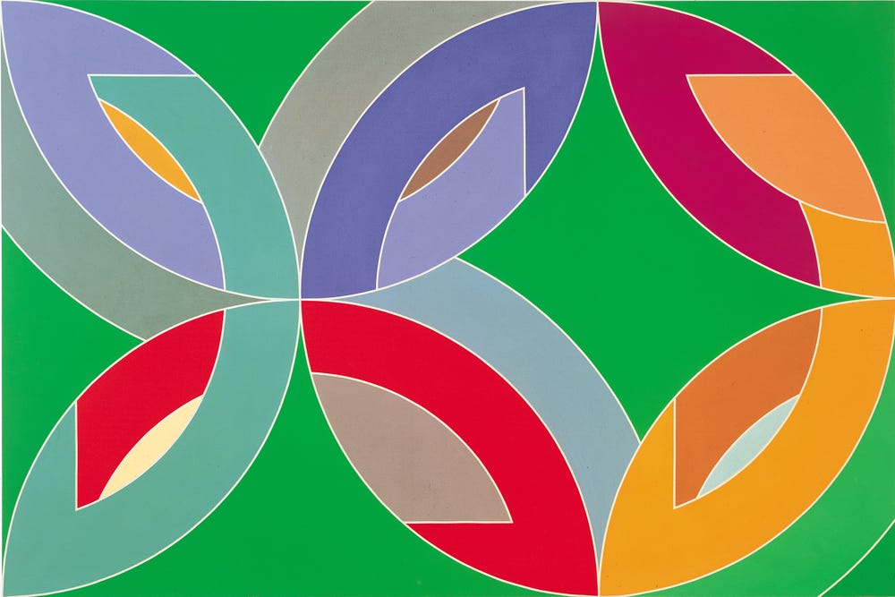 Painting of colorful X-shaped abstract pattern on green background.