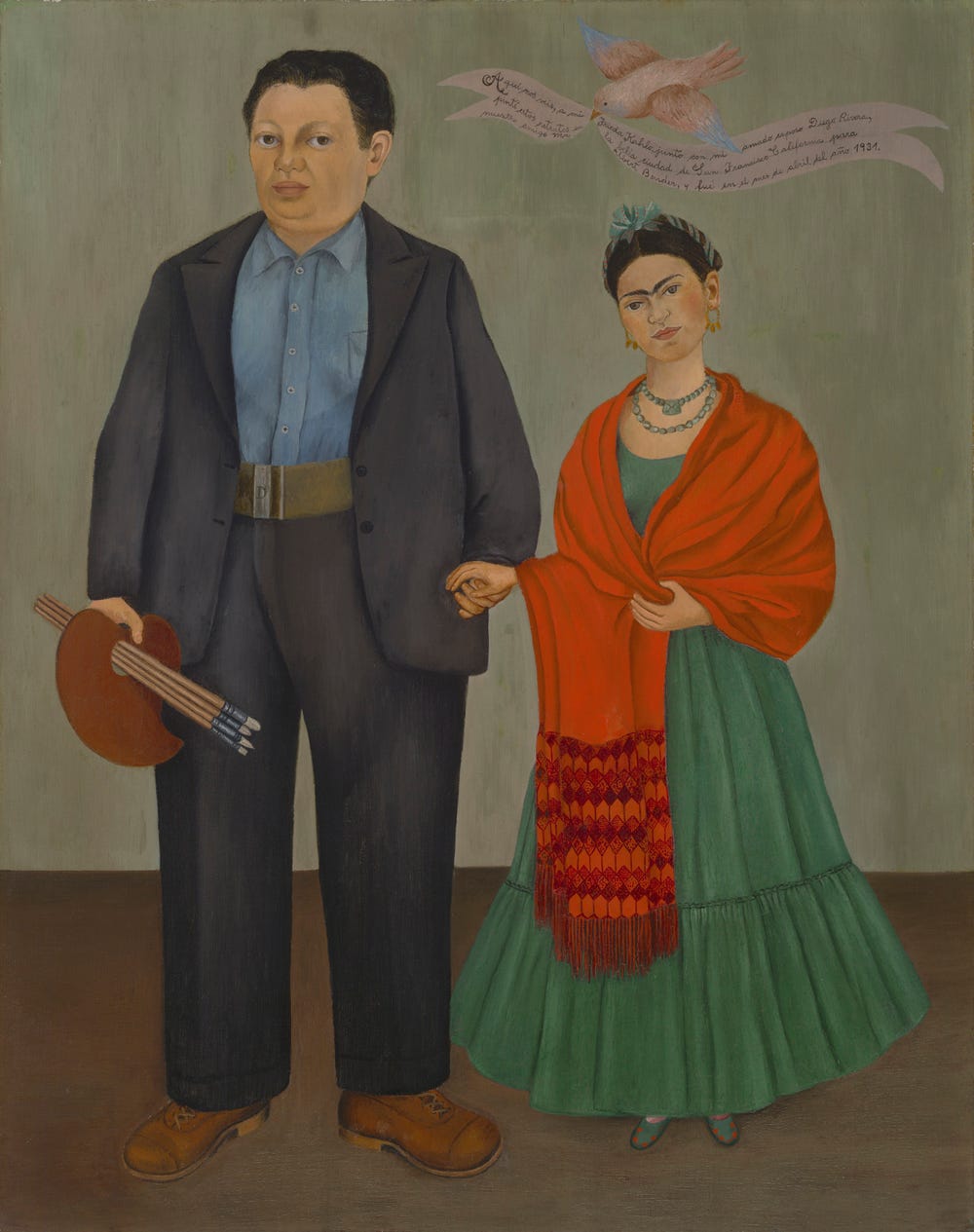 painting of a man in a suit and woman in a green dress and red shawl holding hands; he holds a paintbrush and palette