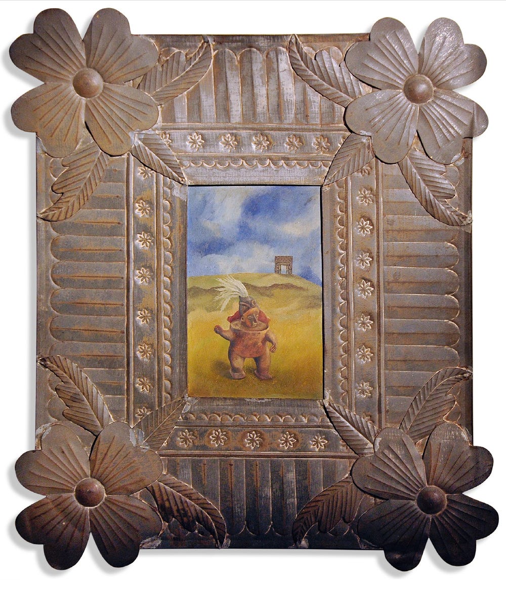 painting of a Colima ballplayer in a desert-like landscape, in a decorated metal frame