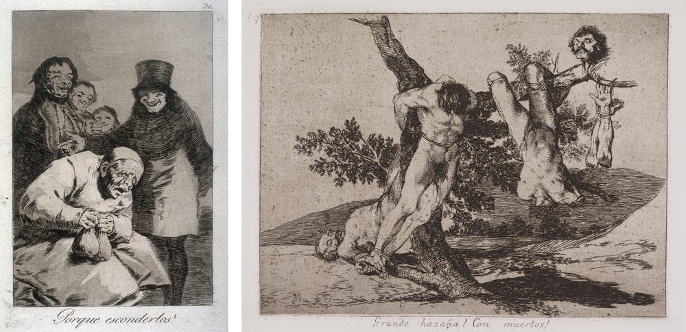 (L) rich men leer behind a man holding two small sacks; (R) men and body parts hung on a tree