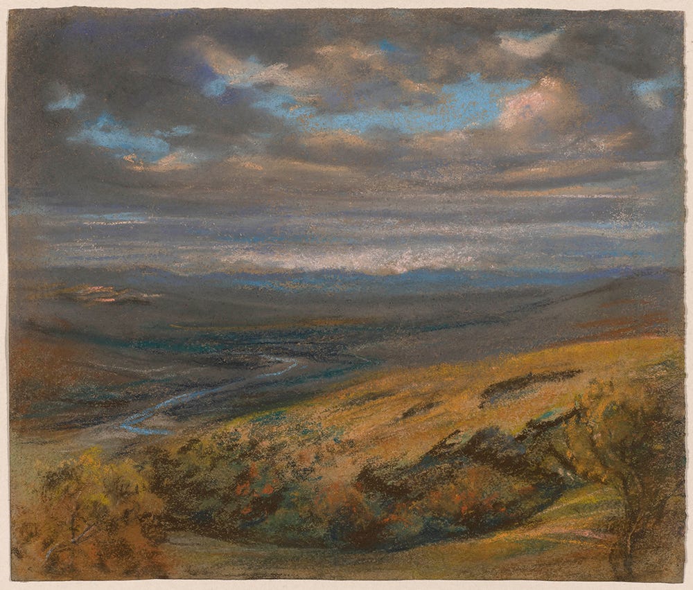 pastel landscape of rolling golden hills and clouds
