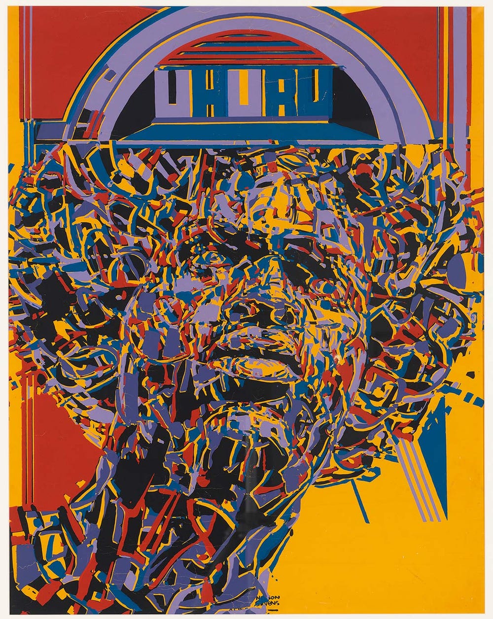 colorful screen print of a head with the word "Uhuru" at the top