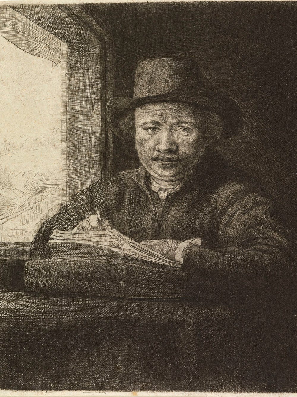 Drawing of a man seated with a pen and paper.