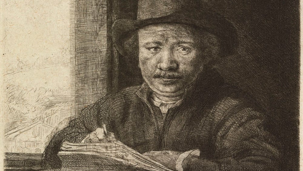 Drawing of a man seated with a pen and paper.