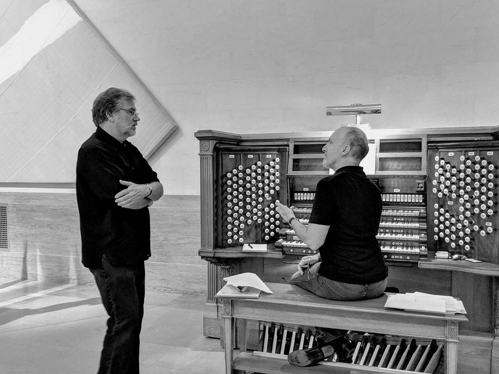 Gary Rydstrom working with organist Jonathan Dimmock during the recording session at the Legion of Honor.