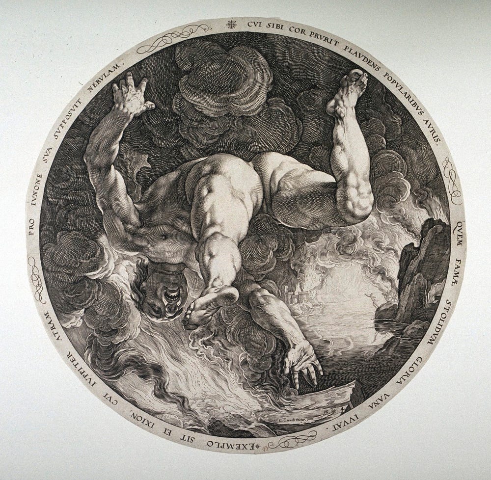 Naked man falling with words in a circle framing him