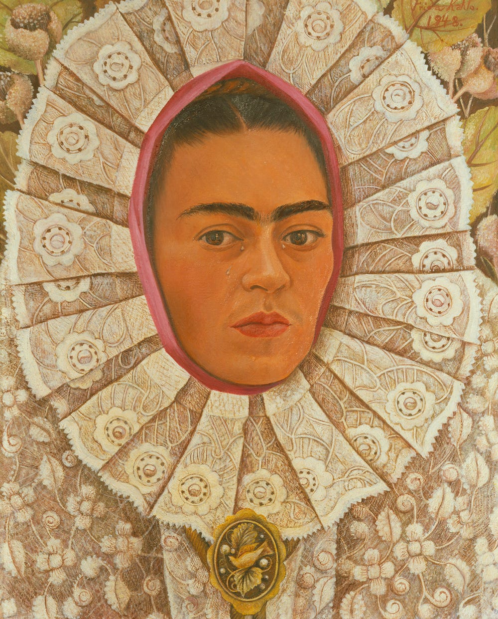 painting of a close-up of Frida Kahlo's face, surrounded by lace