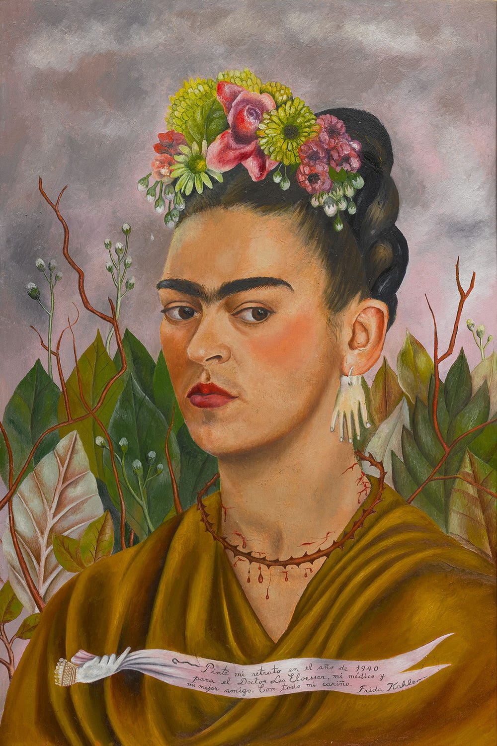 painting of Frida Kahlo with pink and green flowers in her hair and a necklace of thorns around her neck