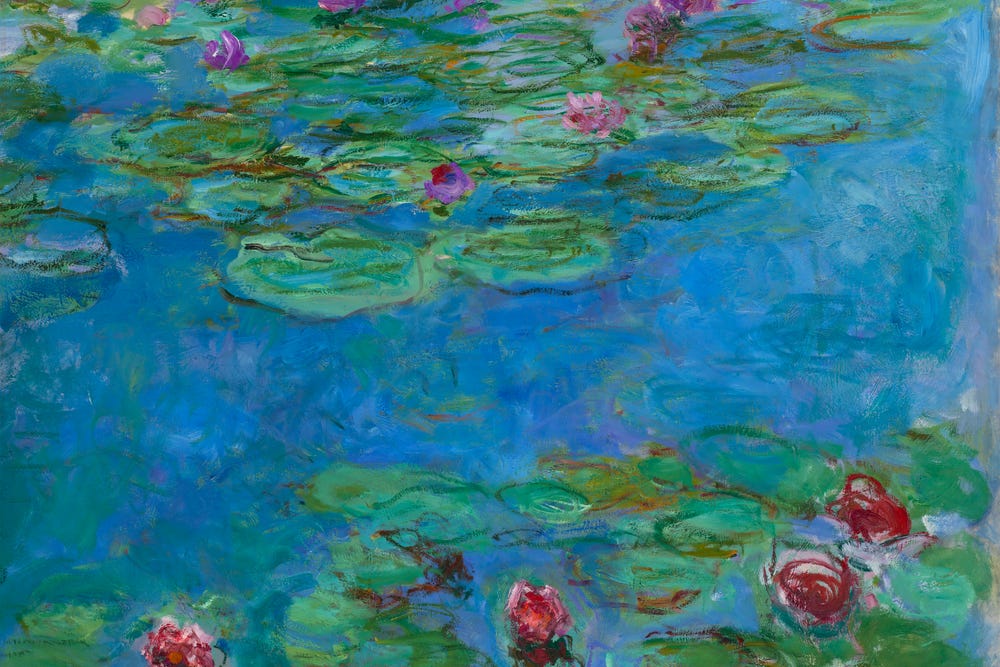 Painting of water lilies in blue pond.