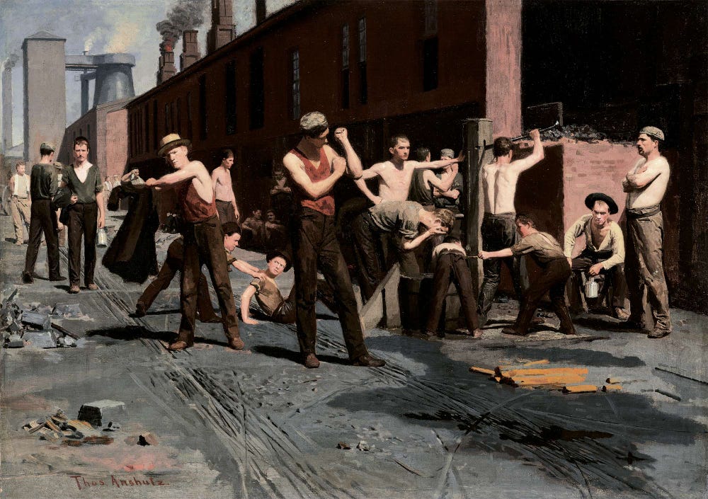 painting of a group of steel workers resting, stretching, and talking