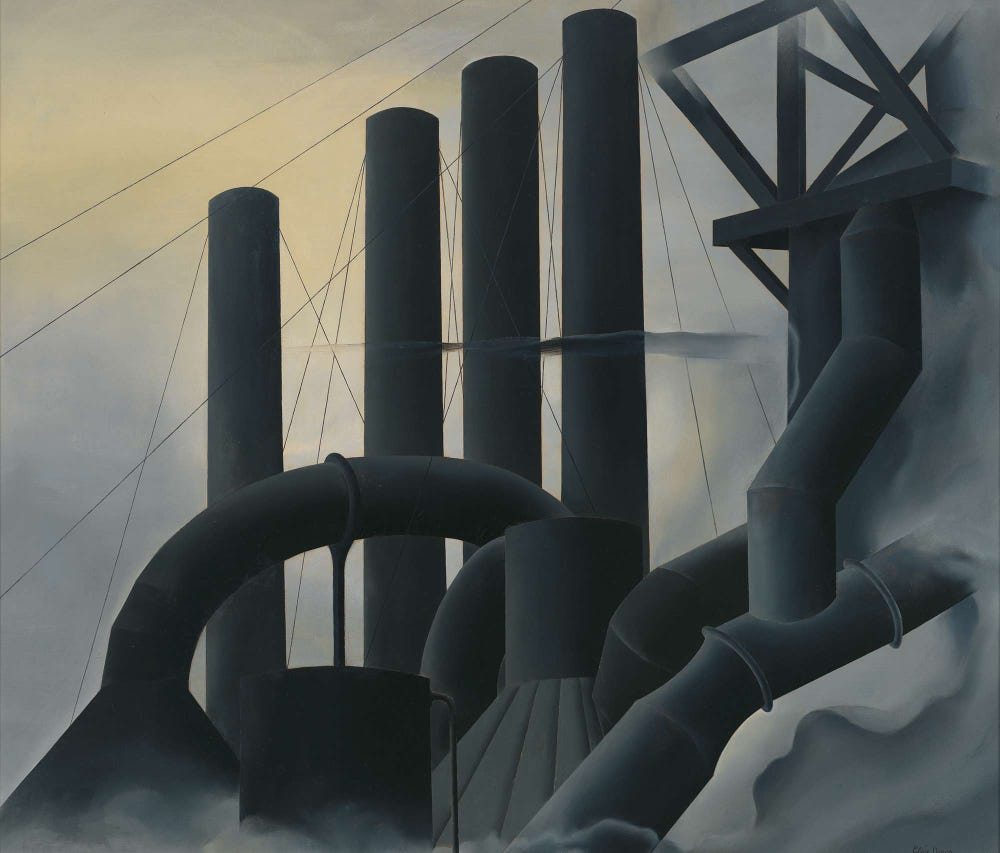 painting of a factory with smoke stacks