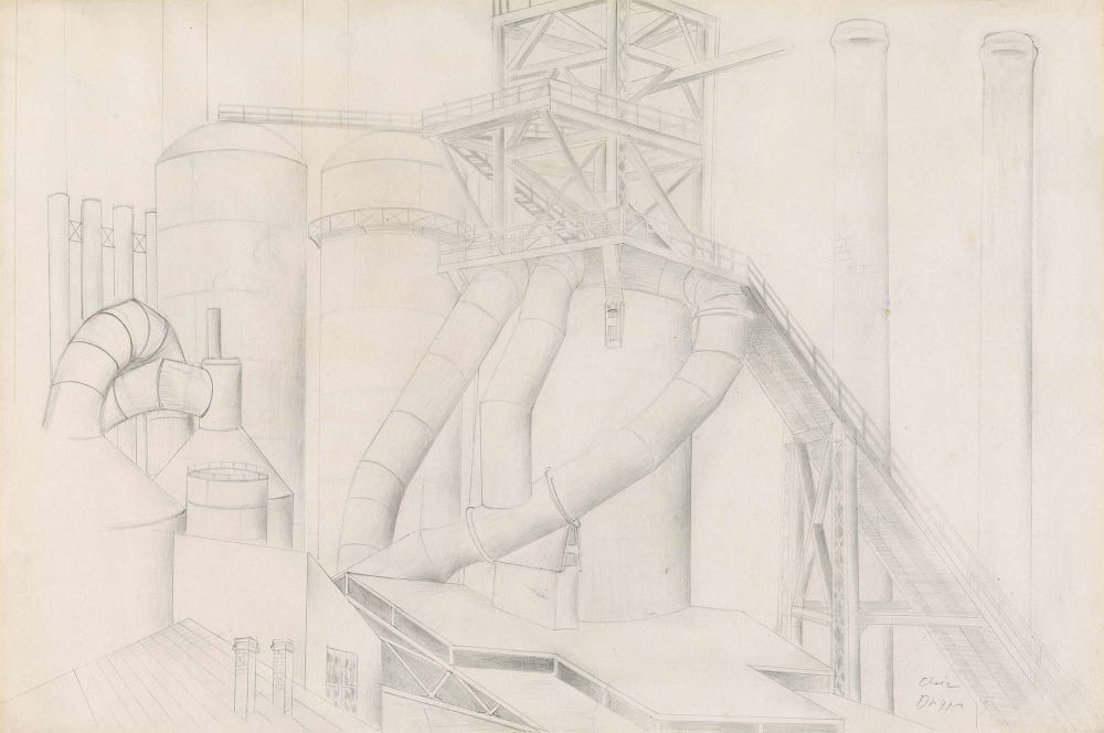 drawing of a blast furnace and surrounding infrastructure