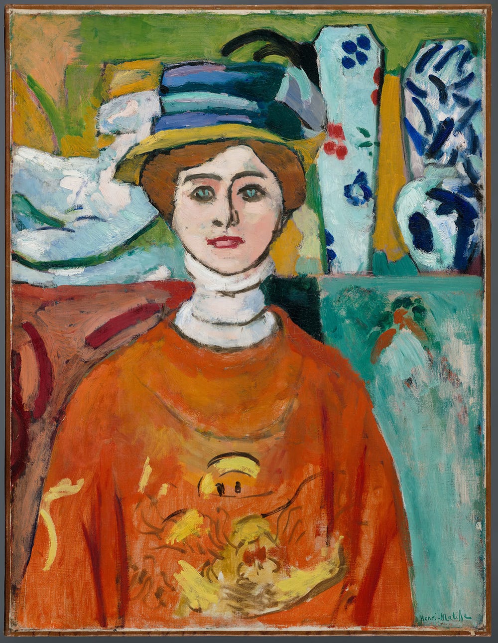 Painting of woman wearing orange sweater and blue and green hat.