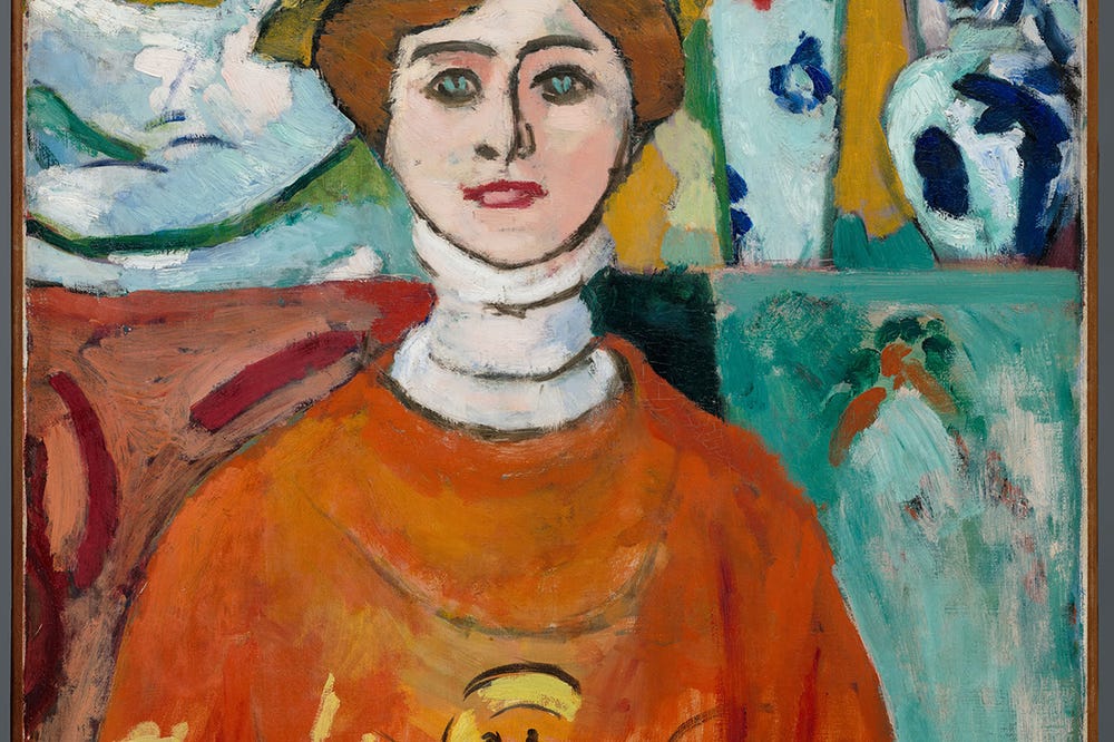 Painting of woman wearing orange sweater and blue and green hat.