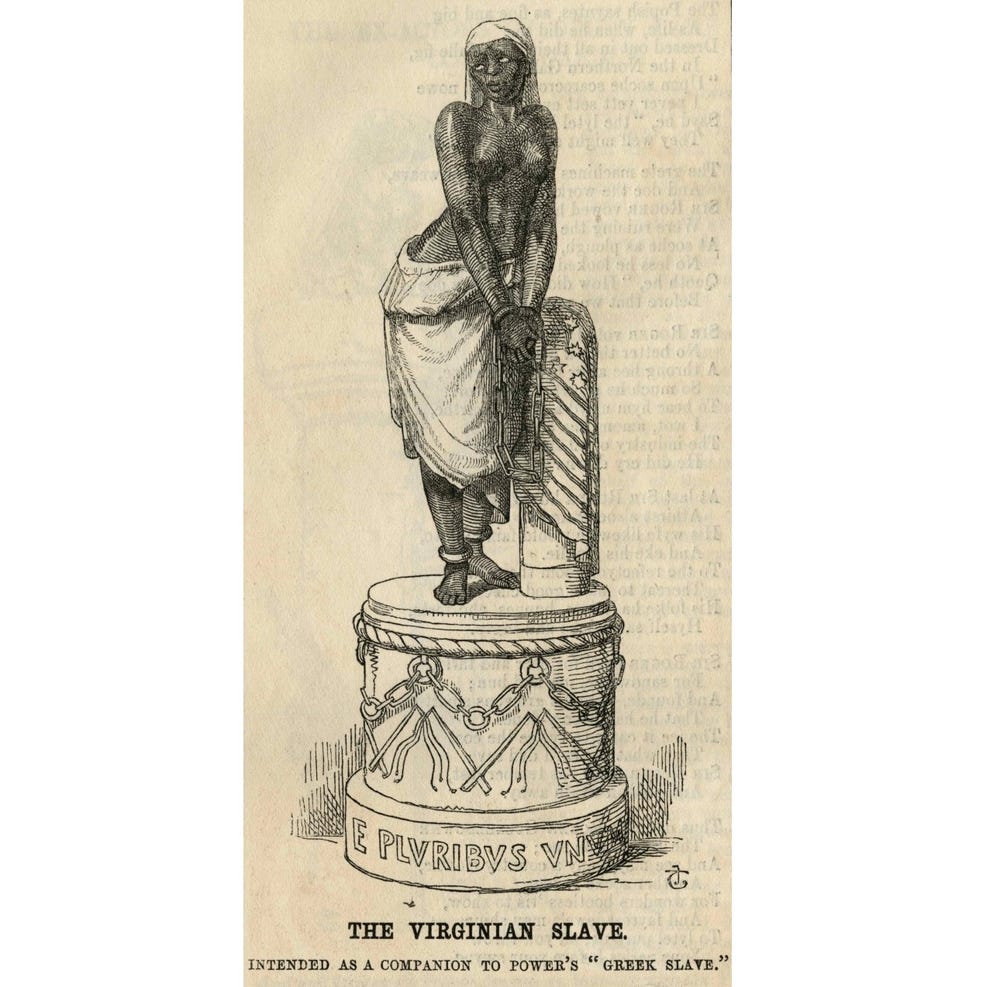 Woman in chains, standing on a podium