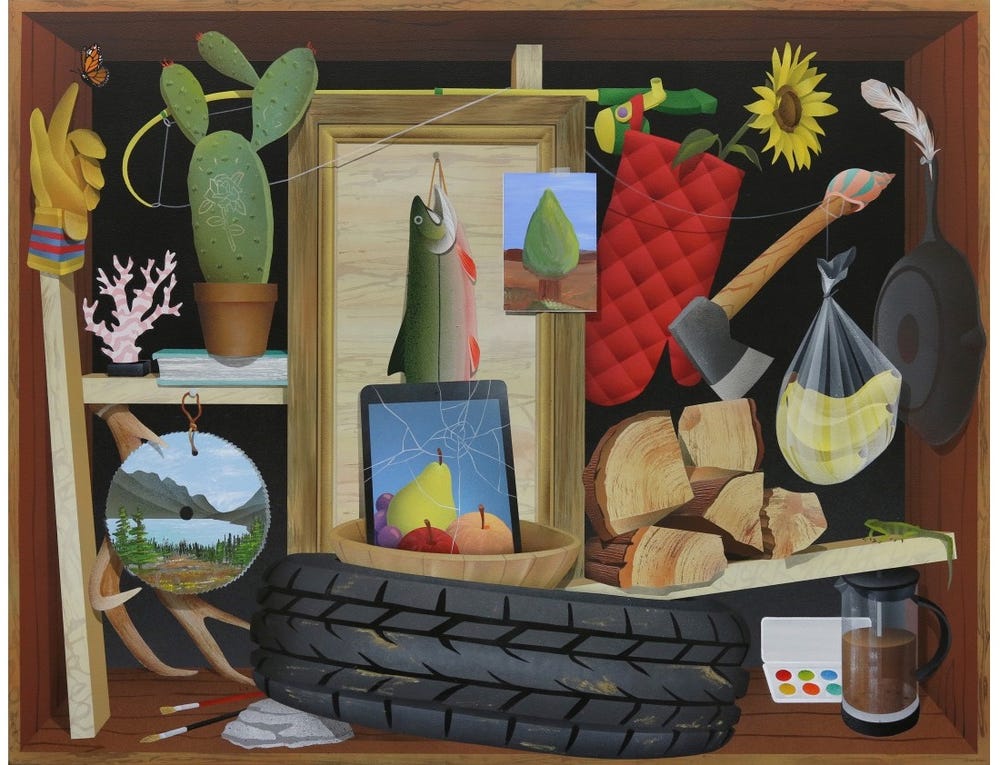 still life with painting of fish, tire, and other objects