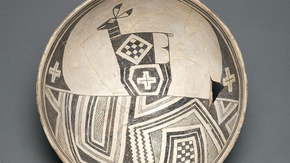 Bowl with deer and geometric landscape. Mimbres artist, New Mexico, United States, ca. 1110–1150. Earthenware and pigment. Diameter: 10 5/8 in. (27 cm). Fine Arts Museums of San Francisco, Gift of the Thomas W. Weisel Family, 2013.76.168