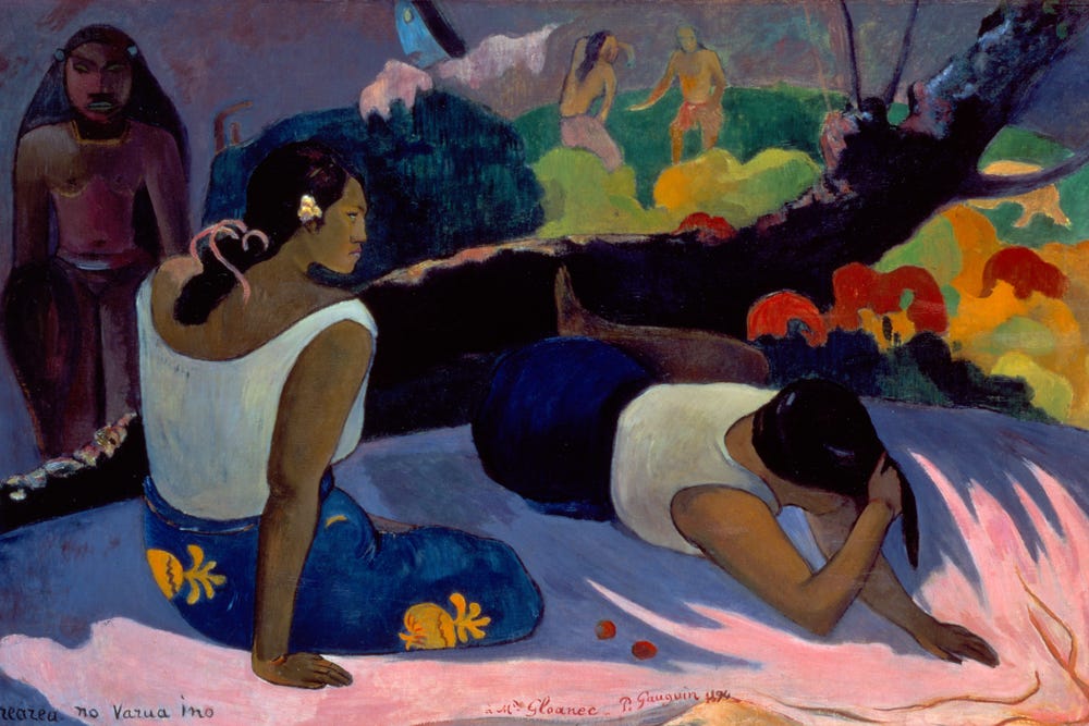 Painting of women reclining amid bright colors.