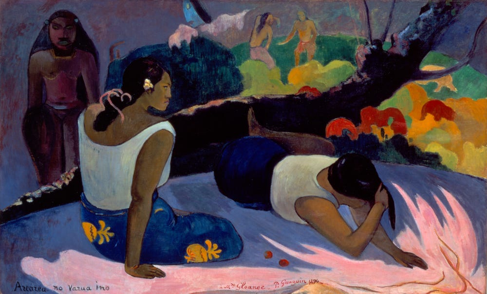 Painting of women reclining amid bright colors.