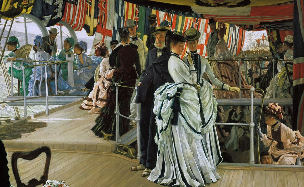 Women in ruffled dresses and men in suits on a ship