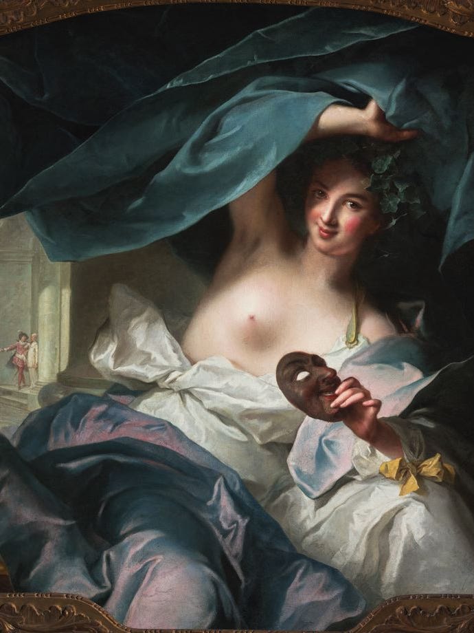Painting of nude woman smiling and lying among sheets.