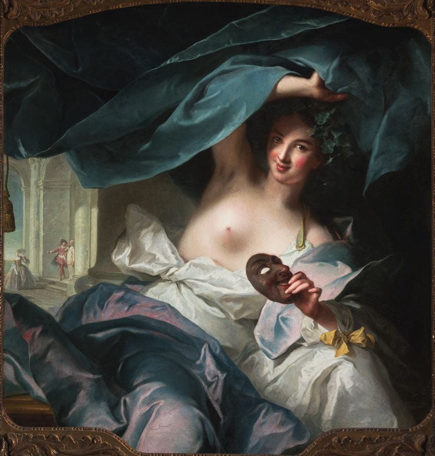 Painting of nude woman smiling and lying among sheets.