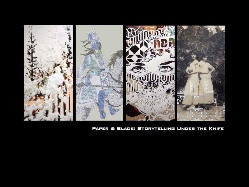 Image featuring four panels of cut-paper artwork and text reading “Paper and Blade: Storytelling Under the Knife” on black background.