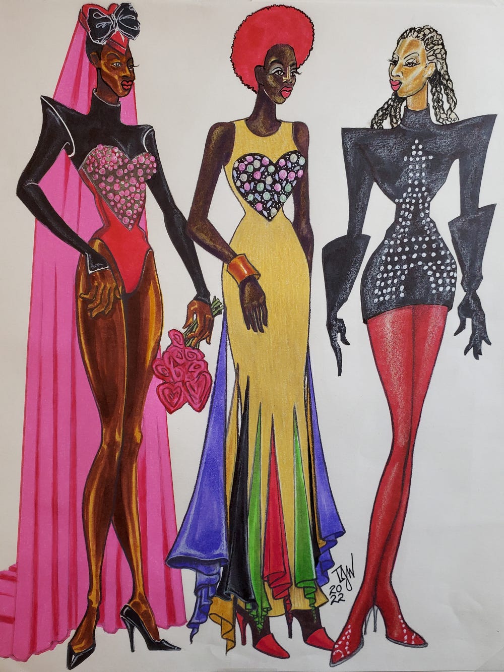 sketch of three women wearing colorful Patrick Kelly-inspired outfits
