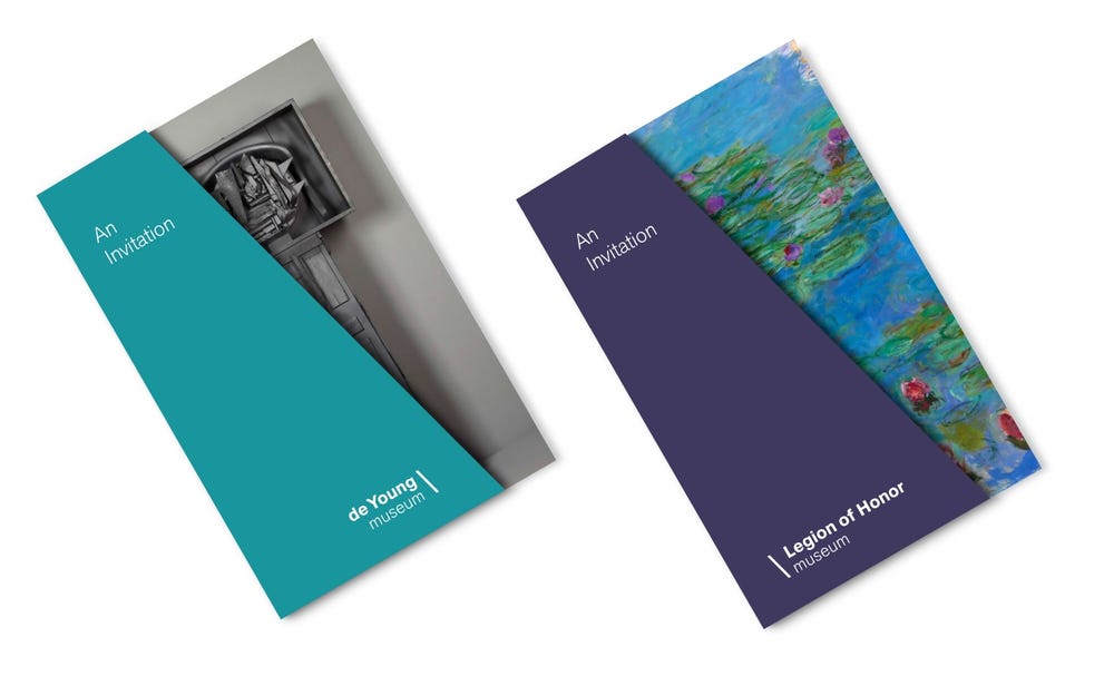 two cards that read "An Invitation," one in teal and one in purple