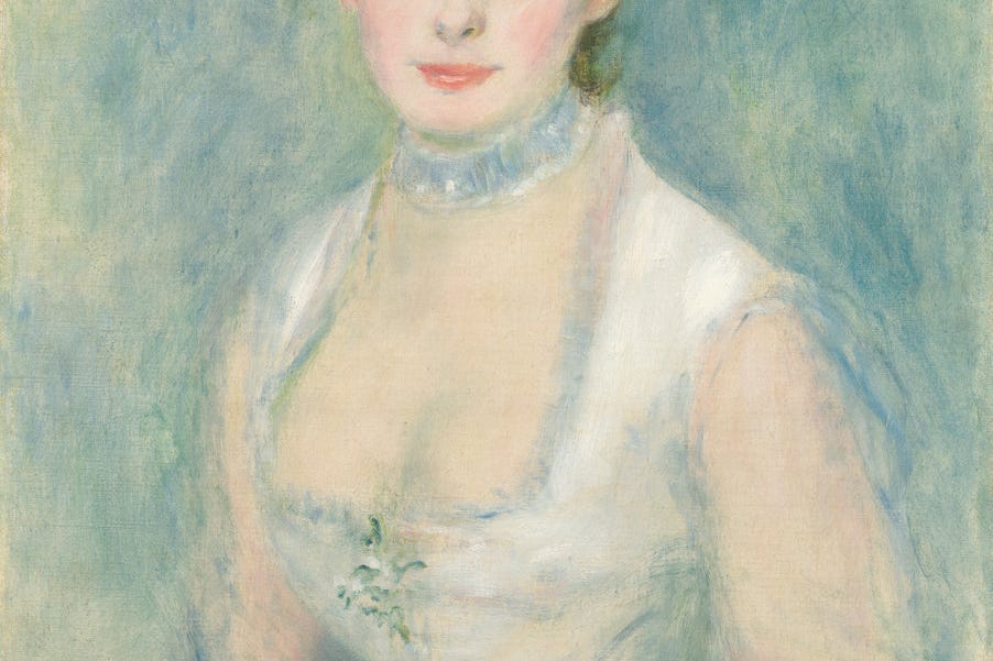 Painting portrait of woman wearing white dress.