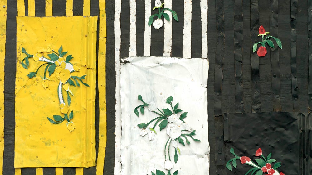 assemblage with stripes and flowers