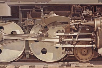 Close-up sepia-tone photograph of machine mechanics.