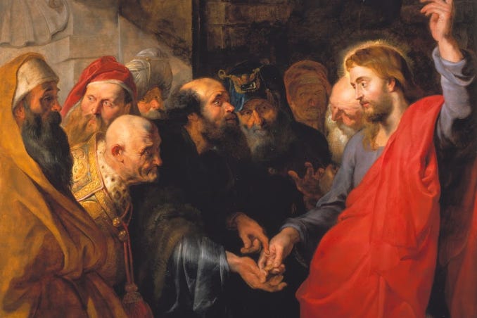 Painting of a gathering of men dressed in robes and finery.