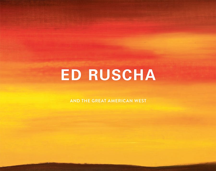 Book jacket featuring red and yellow sunset with "Ed Ruscha and the Great American West" text