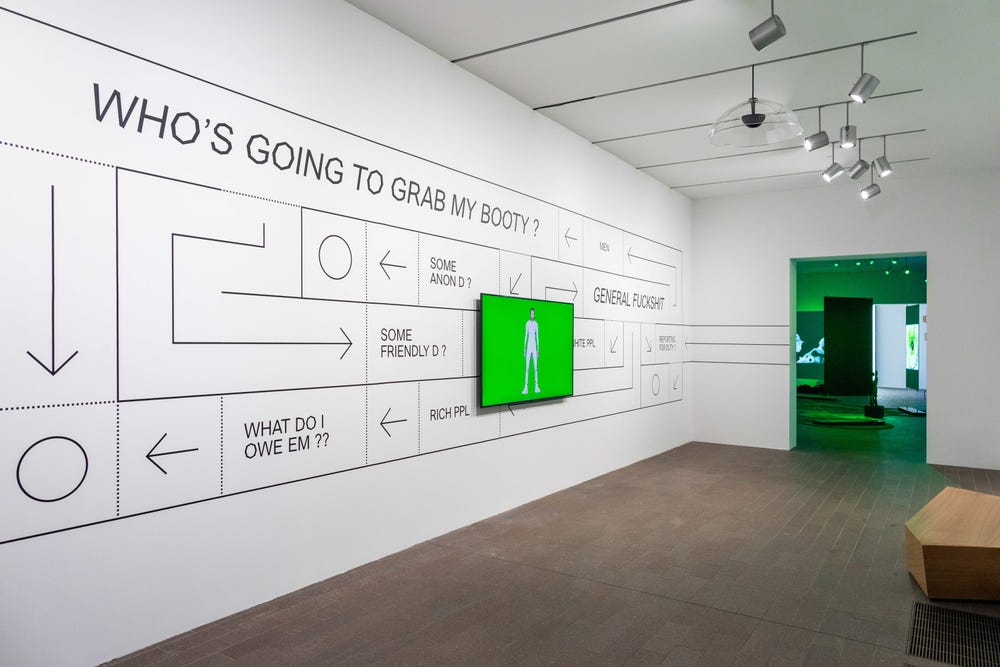 installation view of an artwork with a flowchart and tv screen