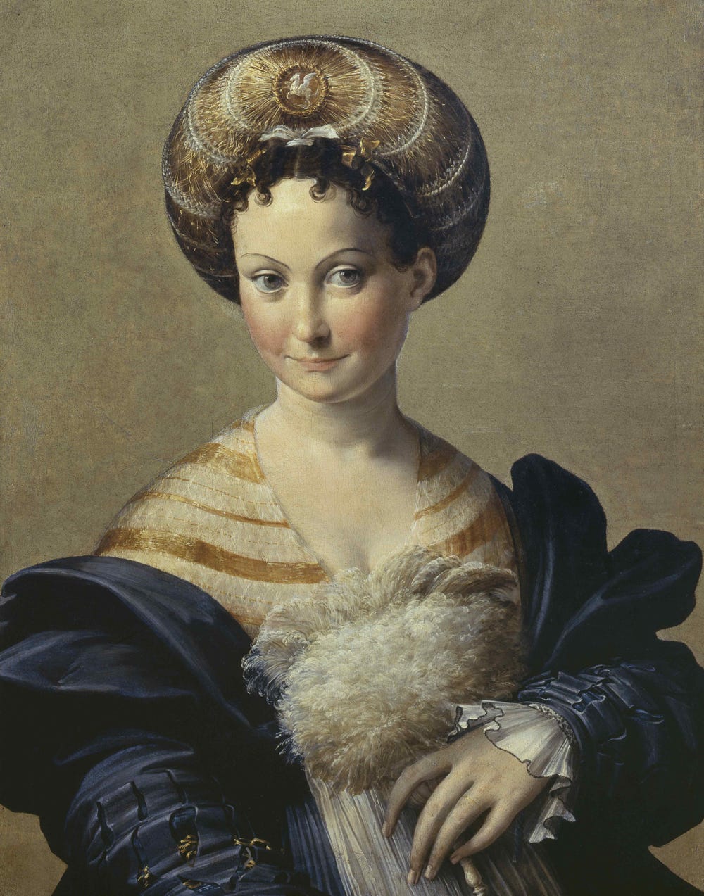 Painting portrait of woman wearing blue and yellow finery and detailed woven hat.