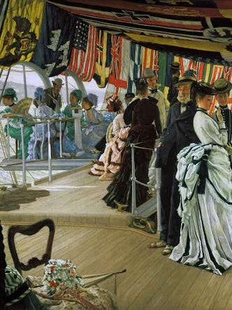 Painting of people dressed in finery aboard a ship.