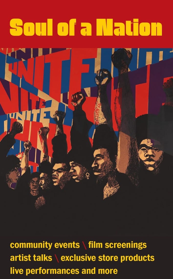 Poster featuring people with fists raised.