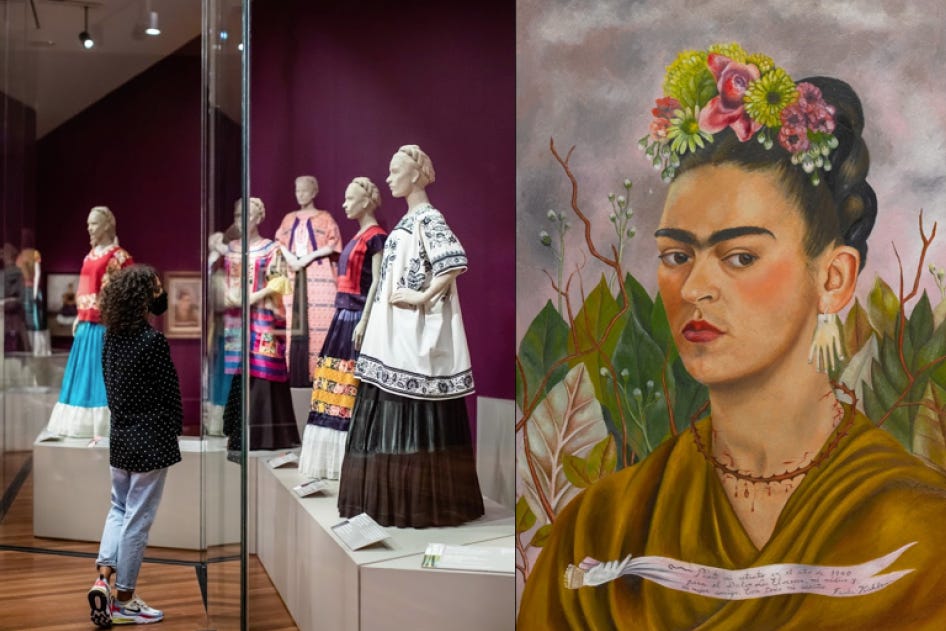 Photograph of patron viewing dresses in a gallery; portrait painting of woman wearing flowers in hair.