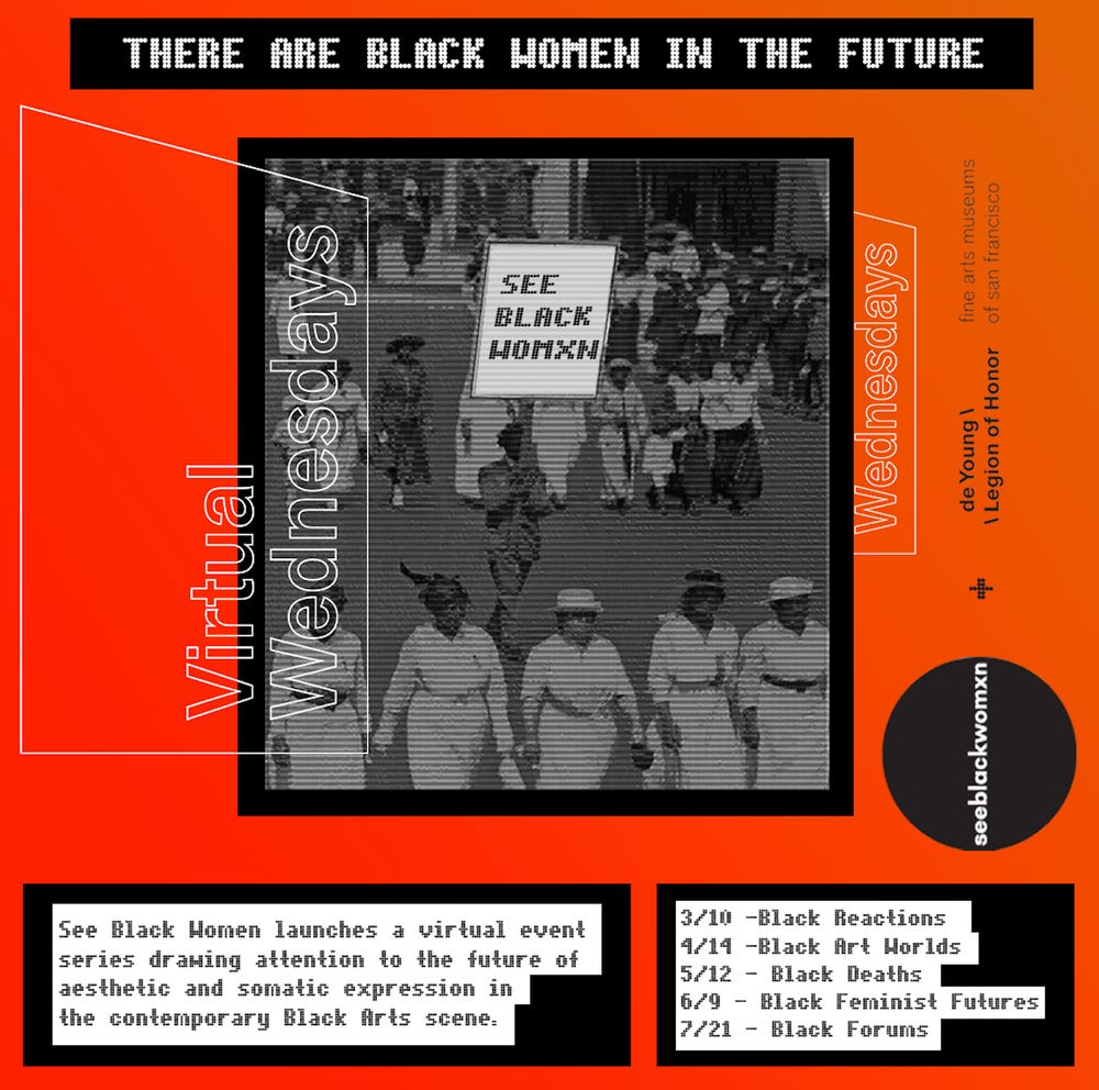 Red, black, and white poster for SeeBlackWomxn events