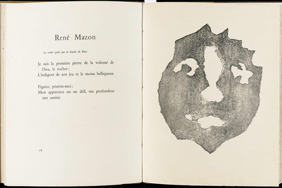 Photograph of an open book with printed text and an illustration of a face