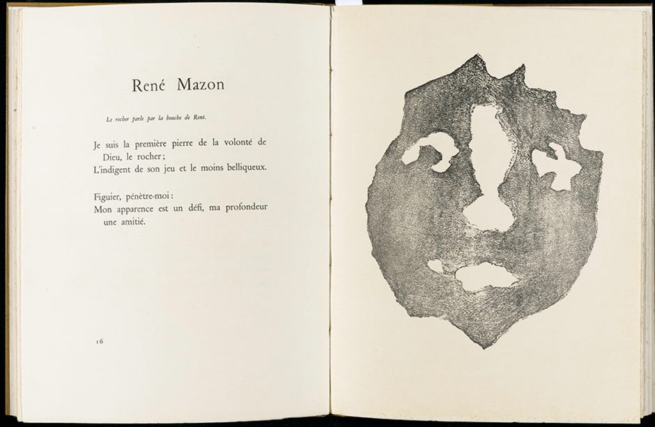 Photograph of an open book with printed text and an illustration of a face