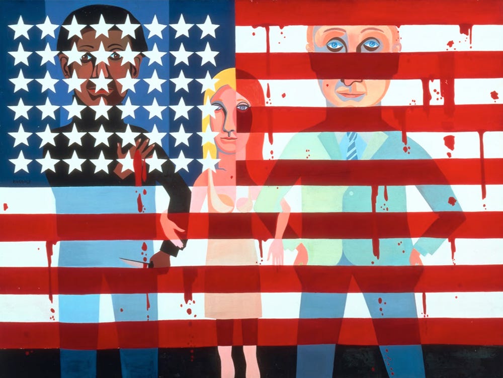 Faith Ringgold painting of three people in front of an American flag
