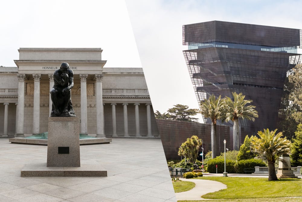 Photographs of the exteriors of the Legion of Honor and de Young museums